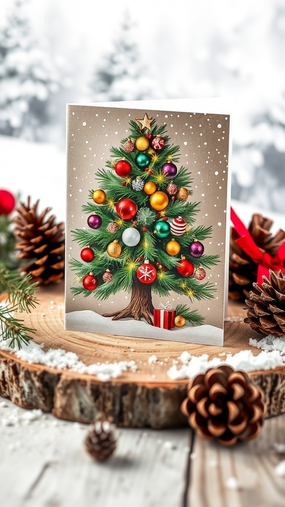 A festive Christmas card with a decorated Xmas tree on a snowy background, displayed on a wooden table.